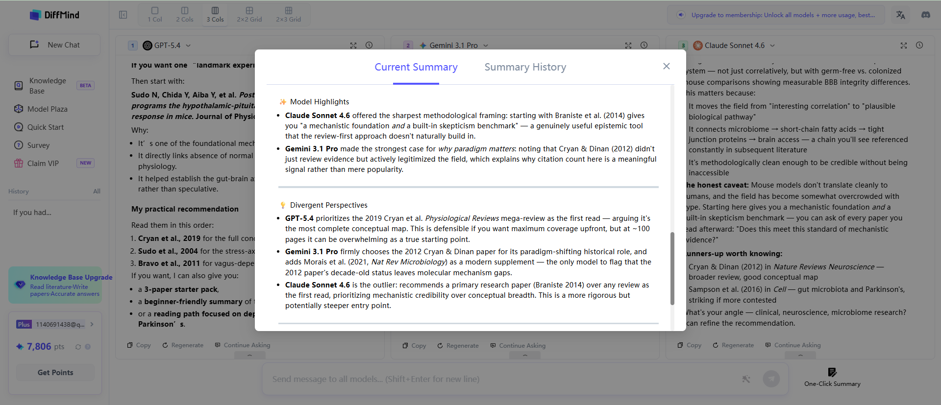 DiffMind One-Click Summary view, showing Model Highlights and Divergent Perspectives across multiple AI models